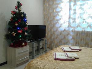 キスロヴォツクにあるАпартаментыのクリスマスツリーとベッドが備わるお部屋