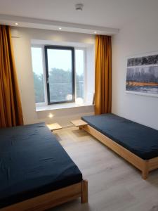 1 dormitorio con 2 camas y ventana en Ferienwohnung Albatros, en Binz