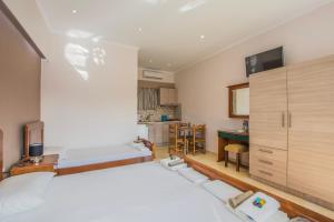 ein großes Schlafzimmer mit 2 Betten und einer Küche in der Unterkunft Dennis Tsilivi Houses & Studios by "elite" in Planos