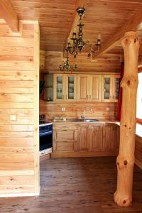 a kitchen in a log cabin with a sink at Noclegi Urbaniak in Tylmanowa