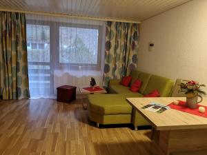 sala de estar con sofá verde y mesa en B3 Albmatte-FEWO Sauna, Hallenbad Außenbecken Massagen nebenan, en Menzenschwand