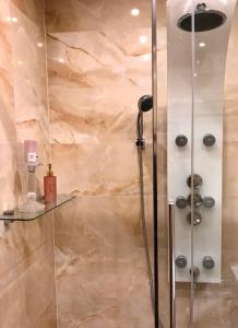 a bathroom with a shower with a glass door at Sandra's Juwel in Klagenfurt