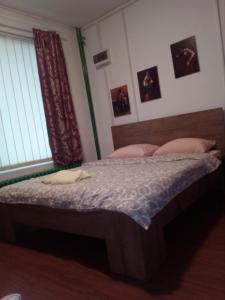 um quarto com uma cama com almofadas cor-de-rosa e uma janela em Apartment Viktor stan na dan em Šabac