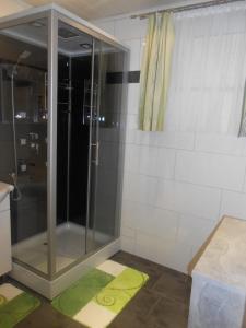 La salle de bains est pourvue d'une douche avec une porte en verre. dans l'établissement Ferienwohnung Michaela, à Flattach