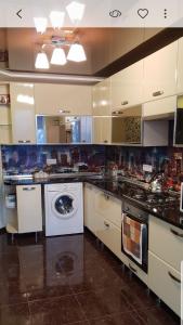 uma cozinha com uma máquina de lavar roupa e uma máquina de lavar roupa em Elena's Holiday Apartment em Kamianets-Podilskyi