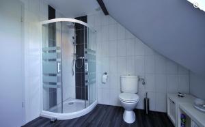 a white bathroom with a shower and a toilet at Fleur de Vigne in Eguisheim +48 photos