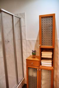 ein Badezimmer mit einer Dusche und einem Holzregal mit Handtüchern in der Unterkunft Oppenheimstrasse 2 in Eisenach
