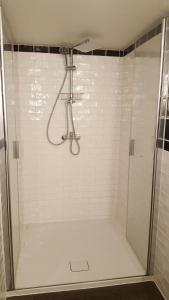 een badkamer met een douche met witte tegels bij De Nussi's chalet 2 in Bach