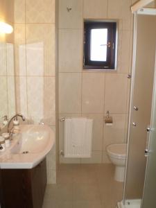 a bathroom with a sink and a toilet and a window at Casa La Kola Krusevo in Kruševo