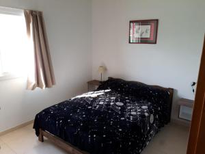 a bedroom with a bed with a black comforter and a window at Complejo La Palmera in San Rafael