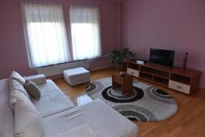 a living room with a white couch and a television at Promenada apartmani in Kruševac