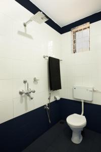 a blue and white bathroom with a toilet and a shower at Crystall Goa, Onyx Edition in Palolem