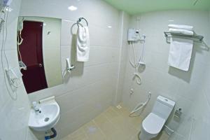 a bathroom with a sink and a toilet and a mirror at Tourist Inn in Male City