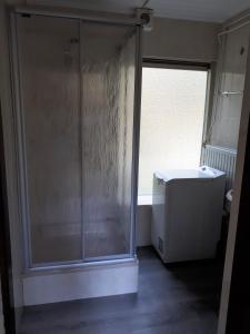 a glass shower in a bathroom with a window at Bonte Specht in Otterlo +15 photos