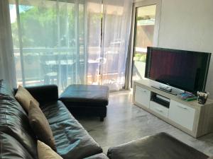 a living room with a couch and a flat screen tv at Appartement à 2 pas de la mer in Cannes