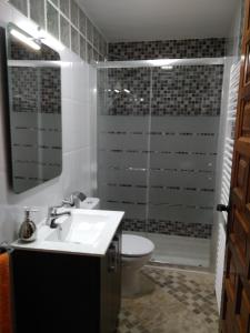 ein Bad mit einem WC, einem Waschbecken und einer Dusche in der Unterkunft Casa la Isabelica in Belmonte