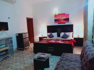a living room with a bed and a couch at Pyramid International Guest House in Islamabad