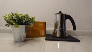 a tea kettle and a vase with a plant on a counter at Cal Ton in Castelltersol
