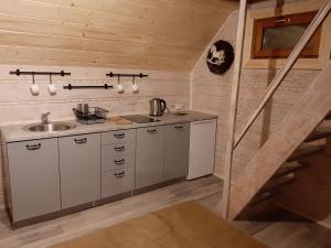 a kitchen in a log cabin with a sink at Domki z jacuzzi Pasja I in Mizerna