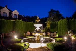 una fuente en medio de un jardín por la noche en Hubertus Aparthotel & Restaurant & Horse Club, en Starogard Gdański