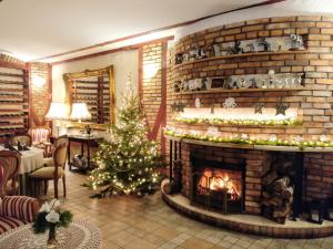 スタロガルド・グダニスキにあるHubertus Aparthotel & Restaurant & Horse Clubのクリスマスツリーと暖炉のあるリビングルーム