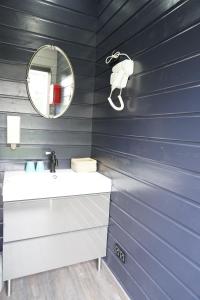 a blue bathroom with a sink and a mirror at Kuai Guestroom Brugge in Bruges