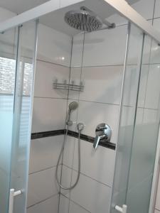 eine Dusche in einem Badezimmer mit einer Glastür in der Unterkunft Hanover Fair Rooms in Hannover