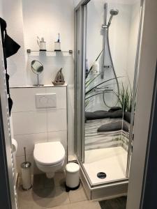 ein kleines Badezimmer mit Dusche und Toilette in der Unterkunft Nordbrise in Büsum