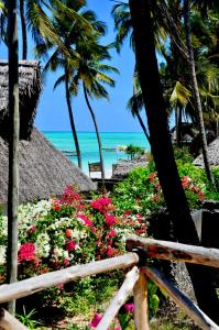 a garden with flowers and palm trees and the ocean at Amka Guest house in Jambiani
