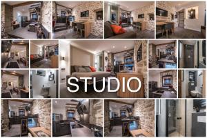 eine Collage mit Fotos von einem Wohnzimmer und einem Esszimmer in der Unterkunft Le Balcon de la Vieille Ville Annecy in Annecy