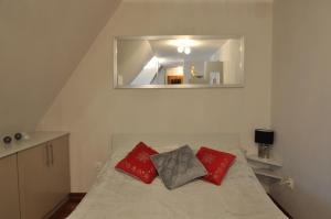 1 dormitorio con cama con almohadas rojas y espejo en Apartamenty Carpe Diem, en Kościelisko