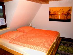 a bed with an orange comforter in a bedroom at Haus Lindenblick in Lonsee