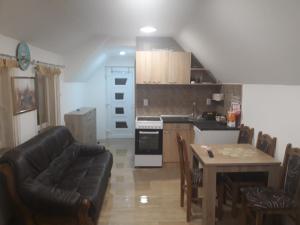a living room with a couch and a table and a kitchen at Apartman Darija in Vrdnik