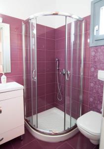 a bathroom with a shower with purple tiles at Viglaki House in Naxos Chora +24 photos