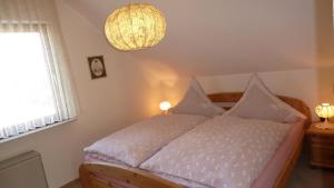 1 dormitorio con cama con almohadas y lámpara de araña en Haus Hannelore en Willingen