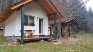 a small white house with a porch and a table at Pensiunea Ioana in Borlova