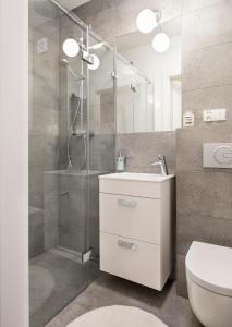 コシチェリスコにあるApartament Rozetaのバスルーム(シャワー、洗面台、トイレ付)