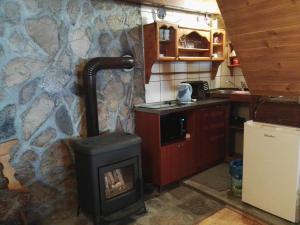 a stove in a kitchen with a stone wall at Family Farm Bungalow in Žabljak