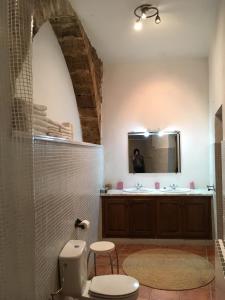 a bathroom with a sink and a toilet and a mirror at Cal Cabrer - El Vilosell in El Vilosell