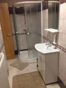 a bathroom with a shower and a sink and a toilet at MOKKA PANZIÓ in Szarvas