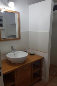 a bathroom with a sink and a mirror on a counter at La Villa du soleil in Les Trois-Îlets