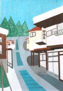 een schilderij van een gebouw met een huis bij Miyasakaya in Nozawa Onsen
