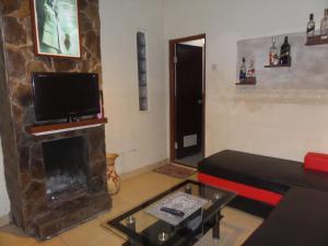 a living room with a fireplace with a flat screen tv at Villa Anna in Bromo