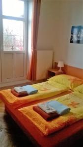 2 letti posti uno accanto all'altro in una camera da letto di Penzion Villa Gerlach a Nový Smokovec