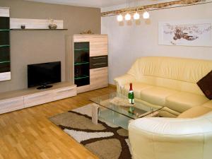a living room with a couch and a television at Panoramaferienwohnung Bergwiese in Masserberg