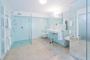 a bathroom with a shower and a sink and a toilet at Romantik Waldhotel Mangold in Bergisch Gladbach +72 photos