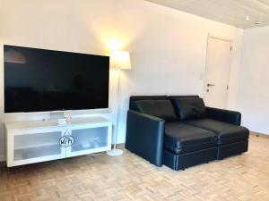ein Wohnzimmer mit einem Sofa und einem großen Flachbild-TV in der Unterkunft Nieuwpoortnachten res. Westdiep Dominique in Nieuwpoort