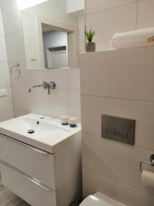 a white bathroom with a sink and a toilet at Apartamenty Homole C2 Szczawnica in Szczawnica