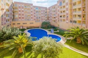 eine Aussicht über einen Apartmentkomplex mit einem Pool und Palmen in der Unterkunft San Julían Apartamento in Torrevieja