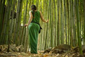 a woman is walking through a bamboo forest at WIKI HOSTEL Colive - Adults Only & Pet Friendly in Zagarolo